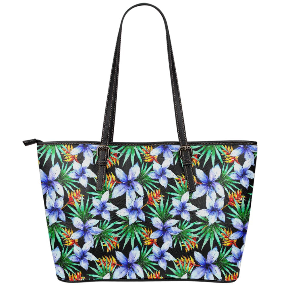 Blue Hawaiian Wildflowers Pattern Print Leather Tote Bag