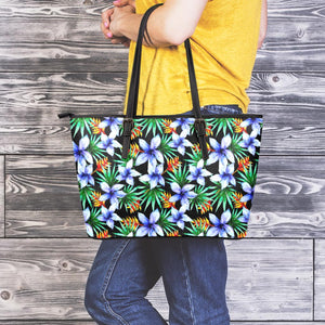 Blue Hawaiian Wildflowers Pattern Print Leather Tote Bag