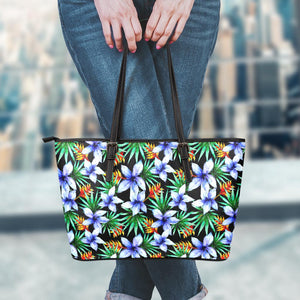 Blue Hawaiian Wildflowers Pattern Print Leather Tote Bag