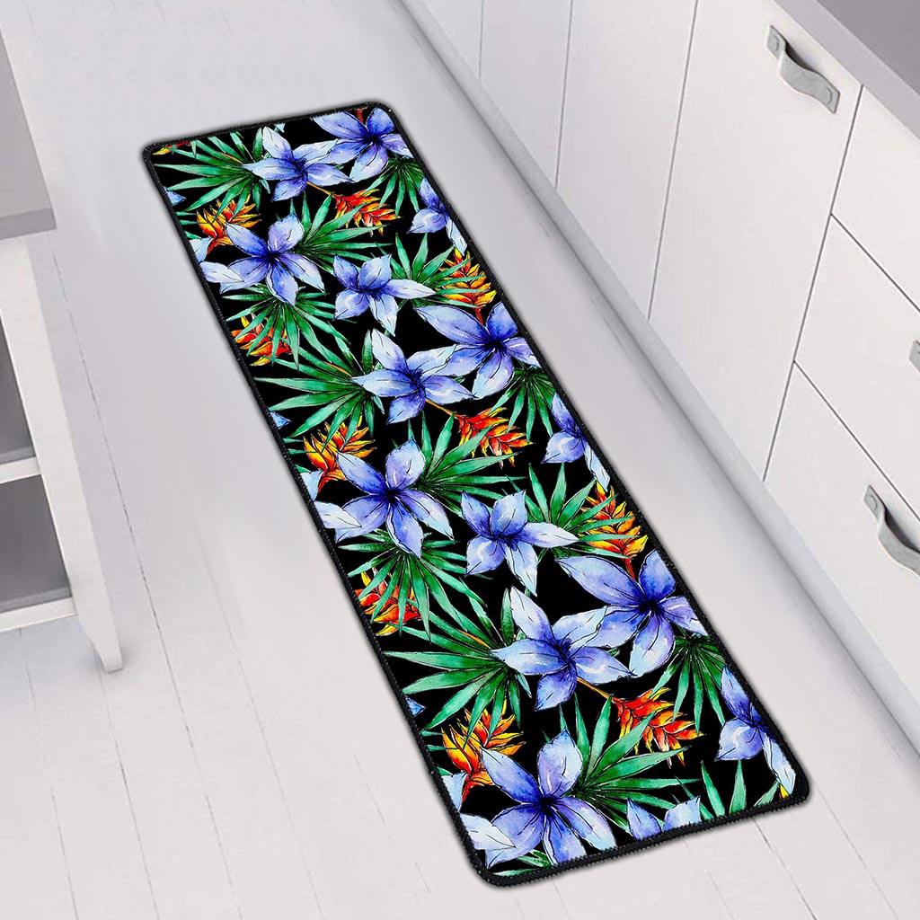Blue Hawaiian Wildflowers Pattern Print Long Kitchen Mat