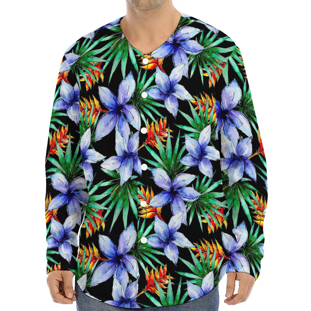 Blue Hawaiian Wildflowers Pattern Print Long Sleeve Baseball Jersey