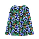 Blue Hawaiian Wildflowers Pattern Print Long Sleeve Short Coat