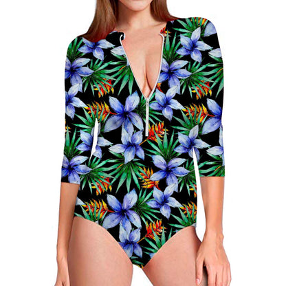 Blue Hawaiian Wildflowers Pattern Print Long Sleeve Swimsuit