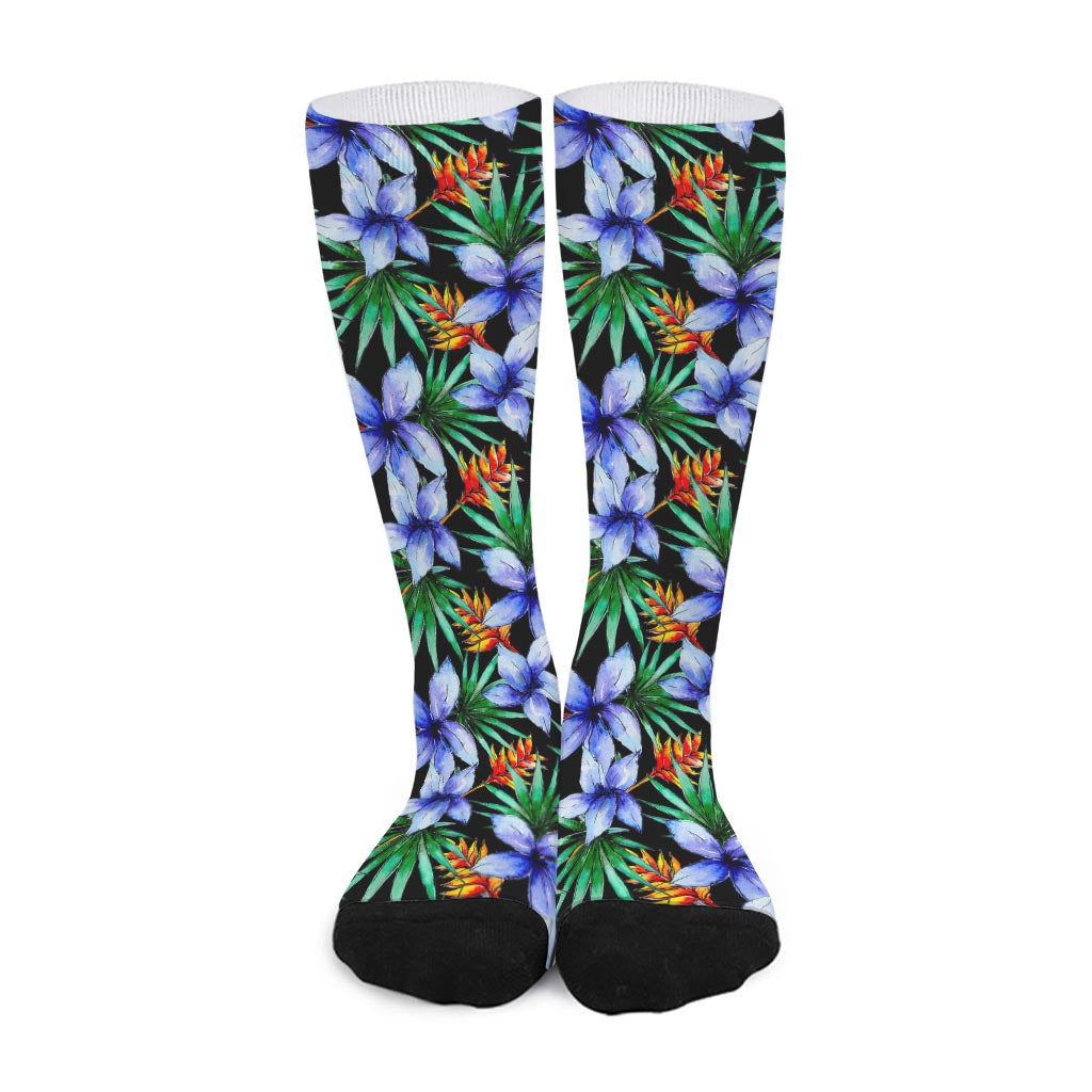 Blue Hawaiian Wildflowers Pattern Print Long Socks