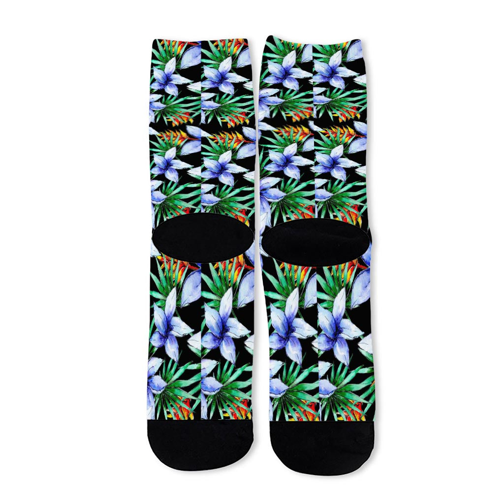 Blue Hawaiian Wildflowers Pattern Print Long Socks