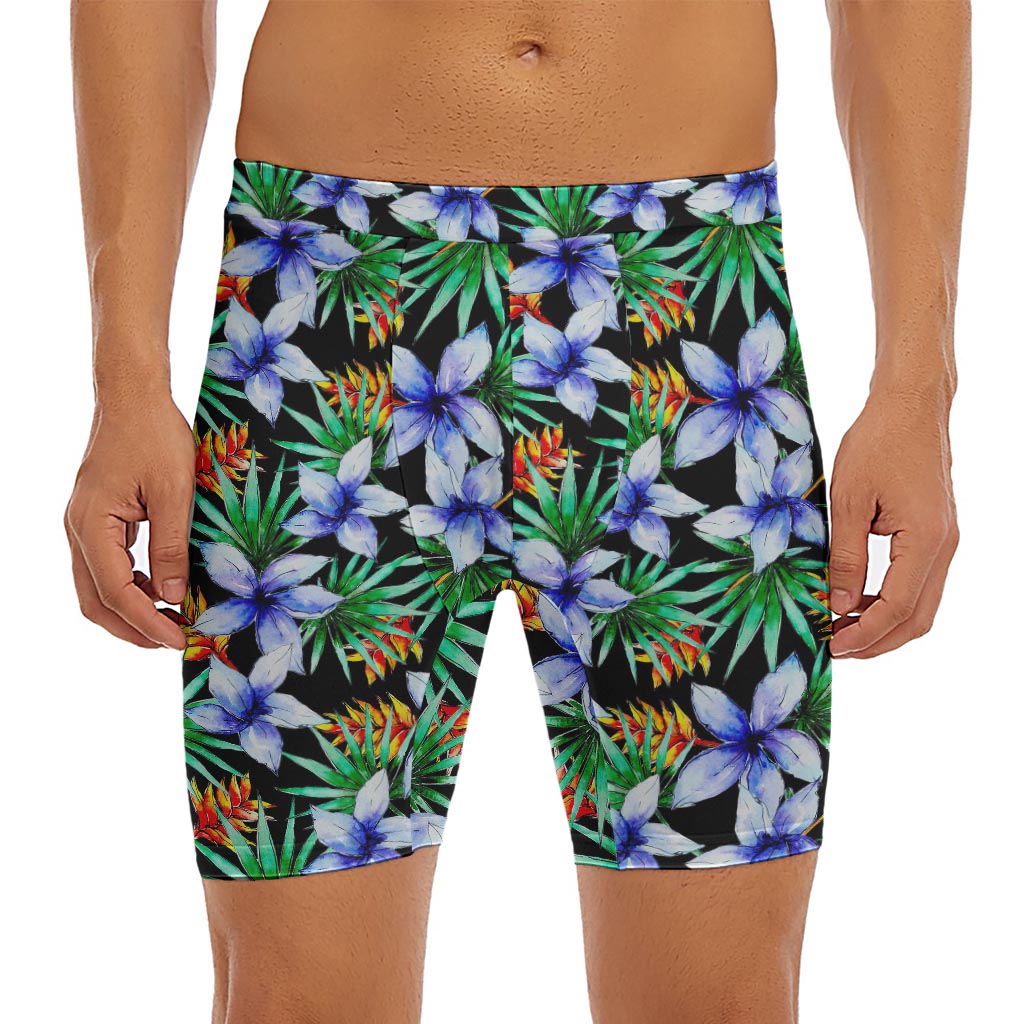 Blue Hawaiian Wildflowers Pattern Print Men's Long Boxer Briefs