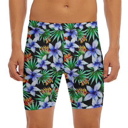 Blue Hawaiian Wildflowers Pattern Print Men's Long Boxer Briefs