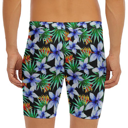 Blue Hawaiian Wildflowers Pattern Print Men's Long Boxer Briefs