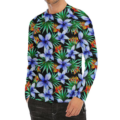 Blue Hawaiian Wildflowers Pattern Print Men's Long Sleeve Rash Guard