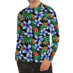 Blue Hawaiian Wildflowers Pattern Print Men's Long Sleeve Rash Guard