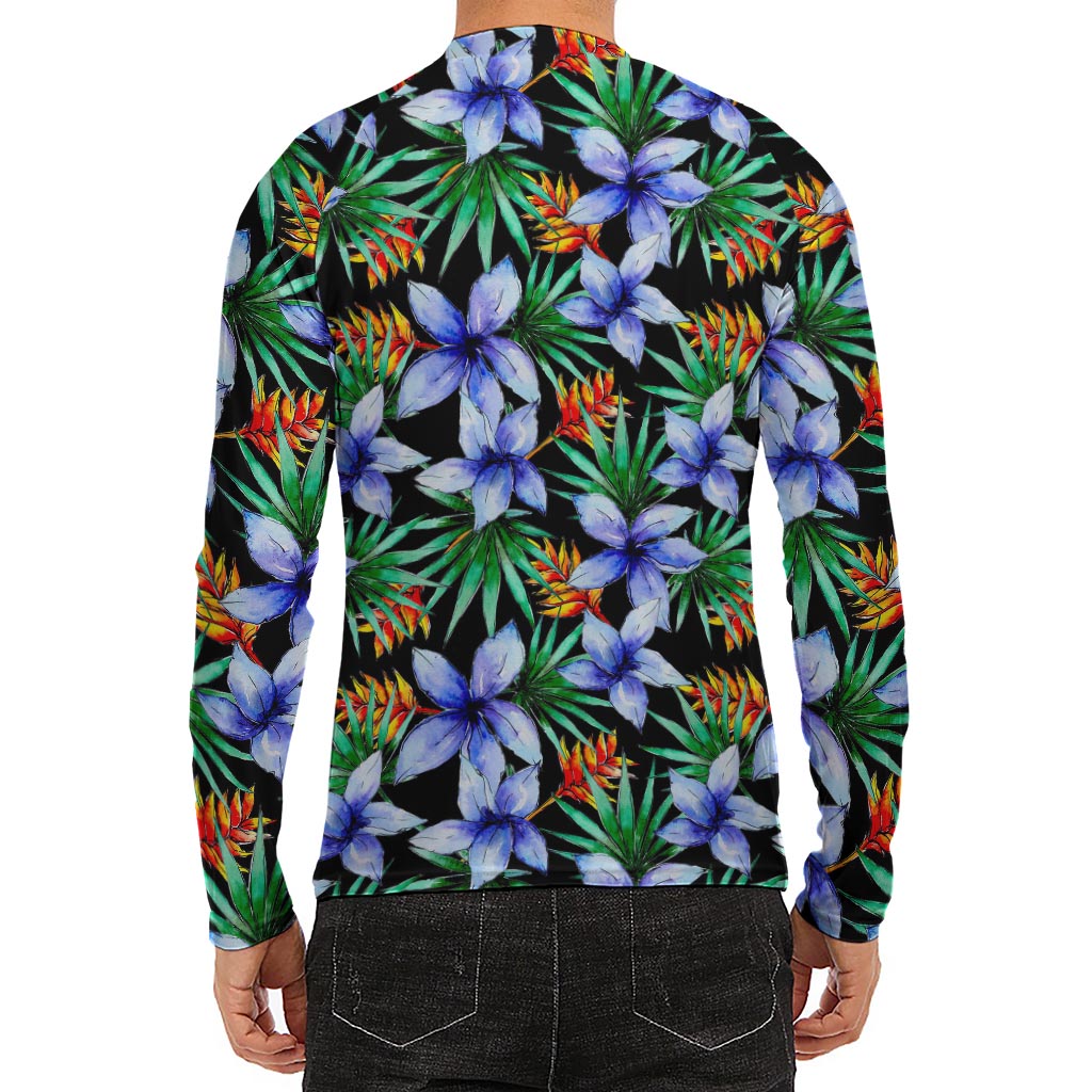 Blue Hawaiian Wildflowers Pattern Print Men's Long Sleeve Rash Guard