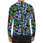 Blue Hawaiian Wildflowers Pattern Print Men's Long Sleeve Rash Guard