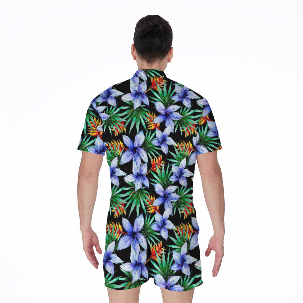 Blue Hawaiian Wildflowers Pattern Print Men's Rompers