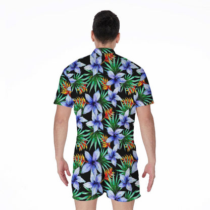Blue Hawaiian Wildflowers Pattern Print Men's Rompers