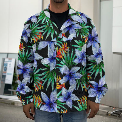 Blue Hawaiian Wildflowers Pattern Print Men's Shirt Jacket
