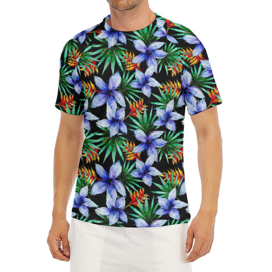Blue Hawaiian Wildflowers Pattern Print Men's Short Sleeve Rash Guard