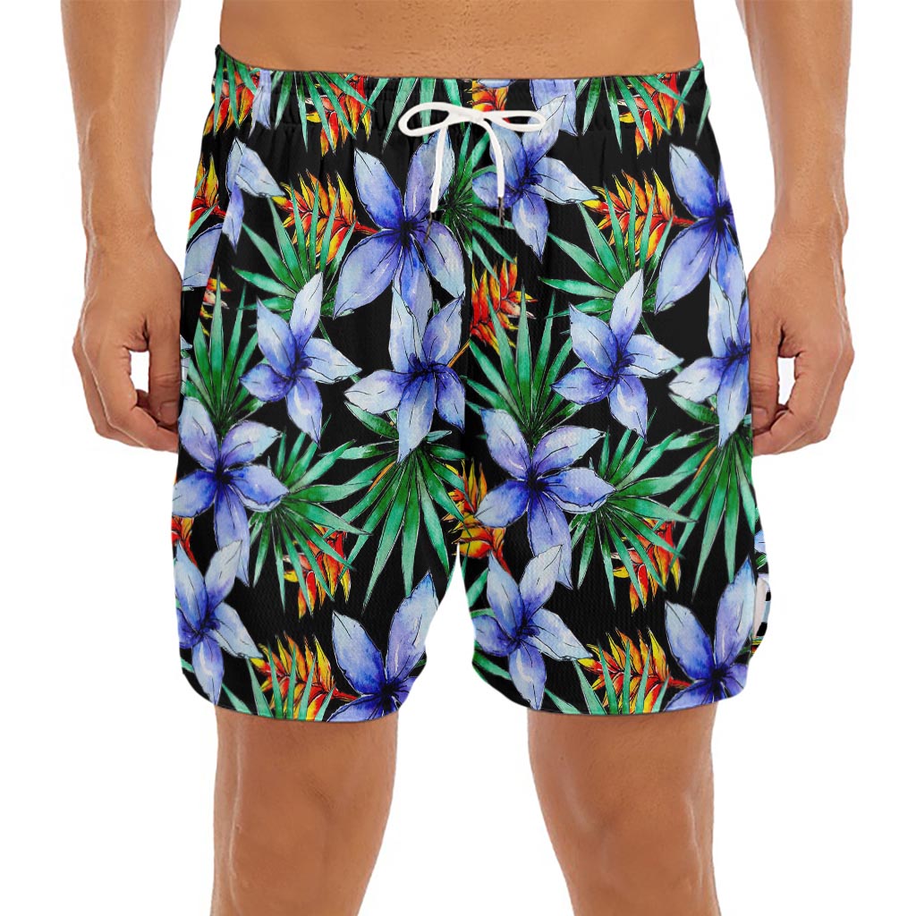 Blue Hawaiian Wildflowers Pattern Print Men's Split Running Shorts