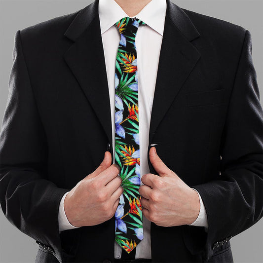 Blue Hawaiian Wildflowers Pattern Print Necktie