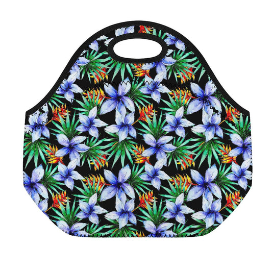 Blue Hawaiian Wildflowers Pattern Print Neoprene Lunch Bag