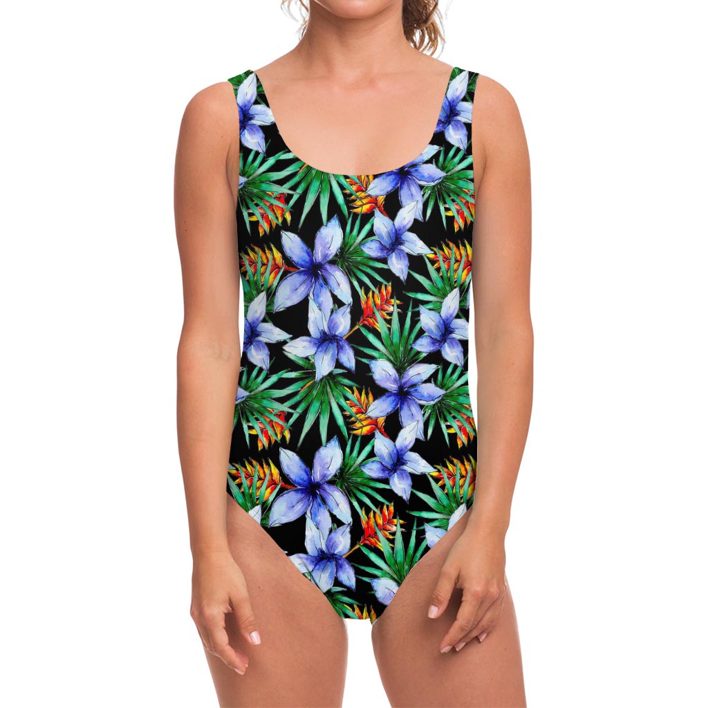 Blue Hawaiian Wildflowers Pattern Print One Piece Swimsuit