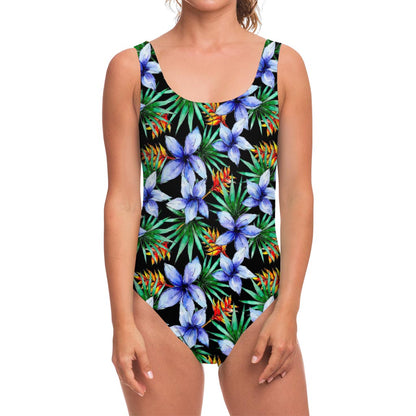 Blue Hawaiian Wildflowers Pattern Print One Piece Swimsuit