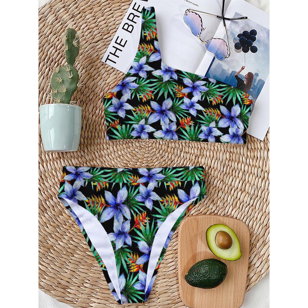 Blue Hawaiian Wildflowers Pattern Print One Shoulder Bikini Top