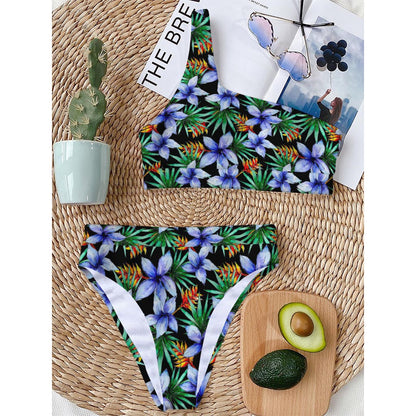 Blue Hawaiian Wildflowers Pattern Print One Shoulder Bikini Top
