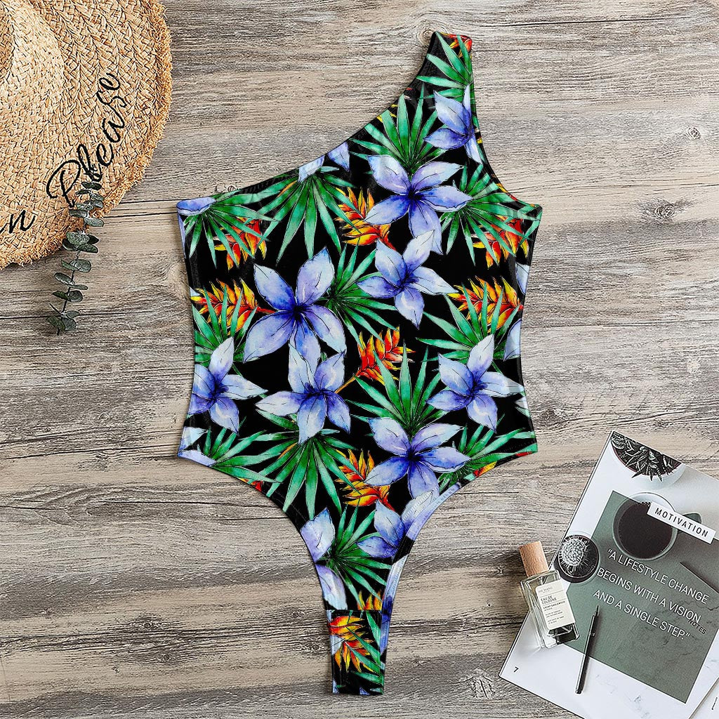 Blue Hawaiian Wildflowers Pattern Print One Shoulder Bodysuit