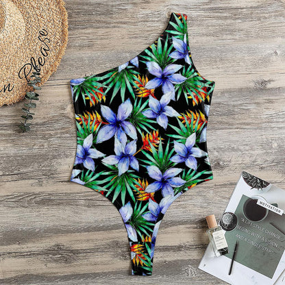 Blue Hawaiian Wildflowers Pattern Print One Shoulder Bodysuit