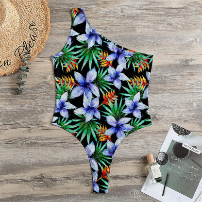 Blue Hawaiian Wildflowers Pattern Print One Shoulder Bodysuit