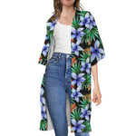 Blue Hawaiian Wildflowers Pattern Print Open Front Beach Cover Up