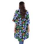 Blue Hawaiian Wildflowers Pattern Print Open Front Beach Cover Up
