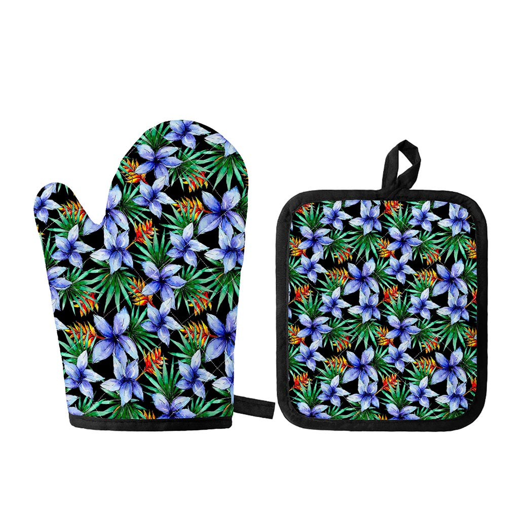 Blue Hawaiian Wildflowers Pattern Print Oven Mitt And Pot Holder Set