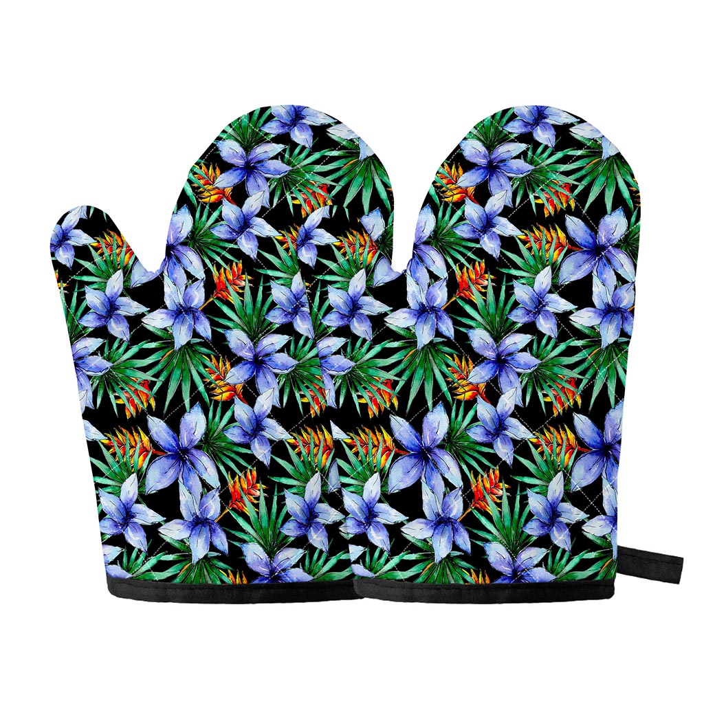 Blue Hawaiian Wildflowers Pattern Print Oven Mitts