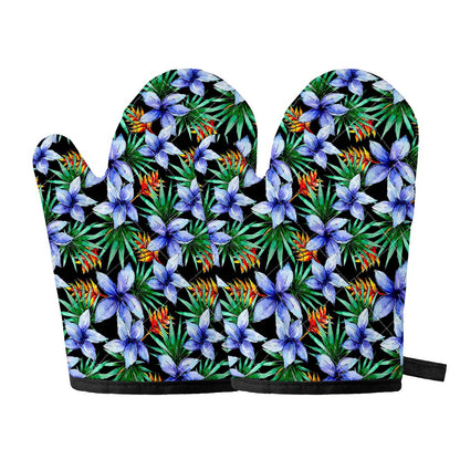 Blue Hawaiian Wildflowers Pattern Print Oven Mitts