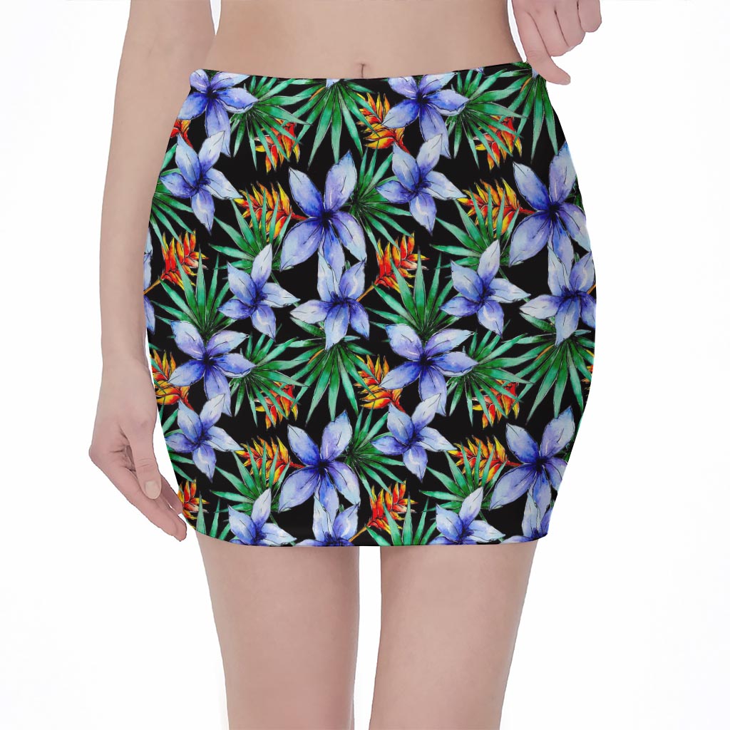Blue Hawaiian Wildflowers Pattern Print Pencil Mini Skirt