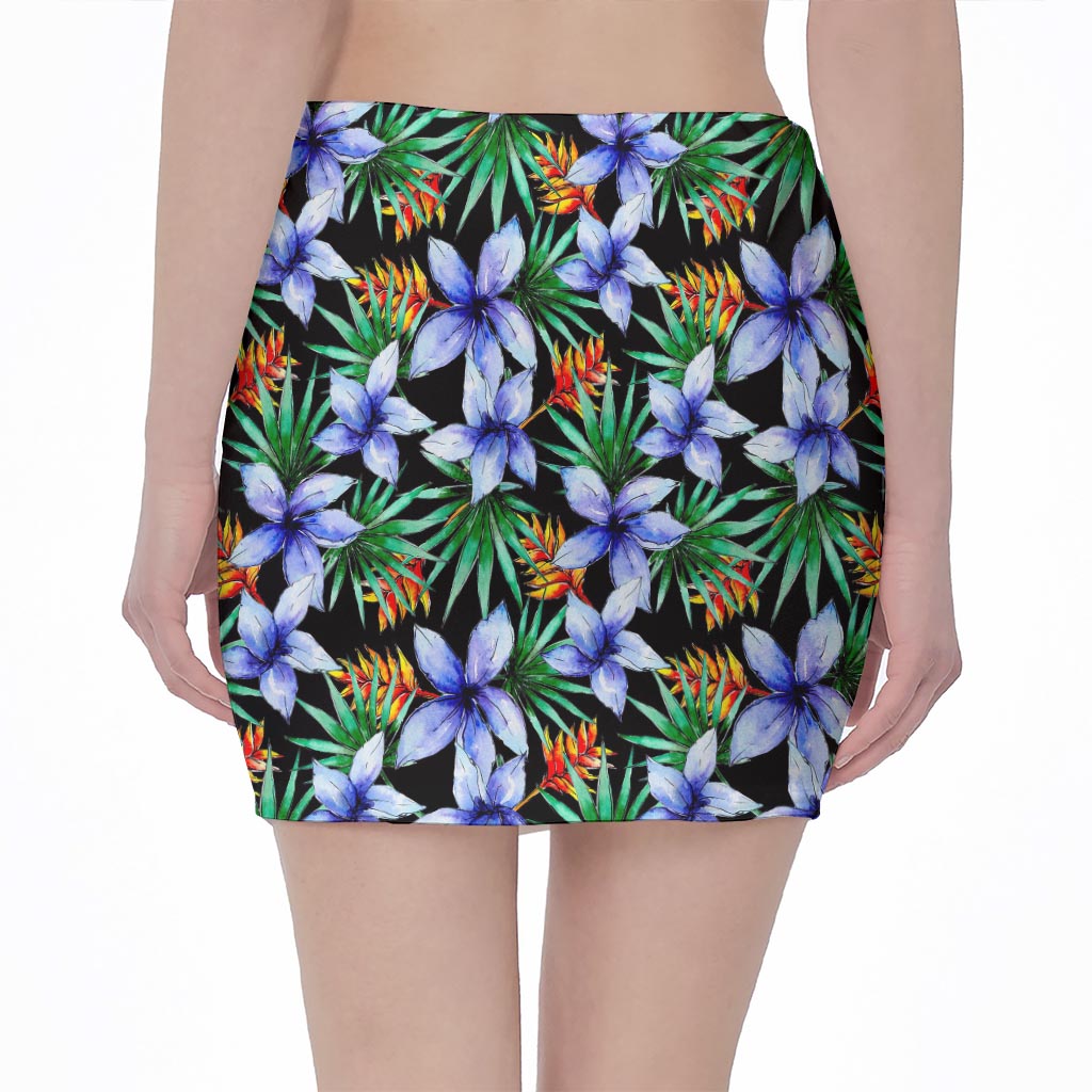 Blue Hawaiian Wildflowers Pattern Print Pencil Mini Skirt