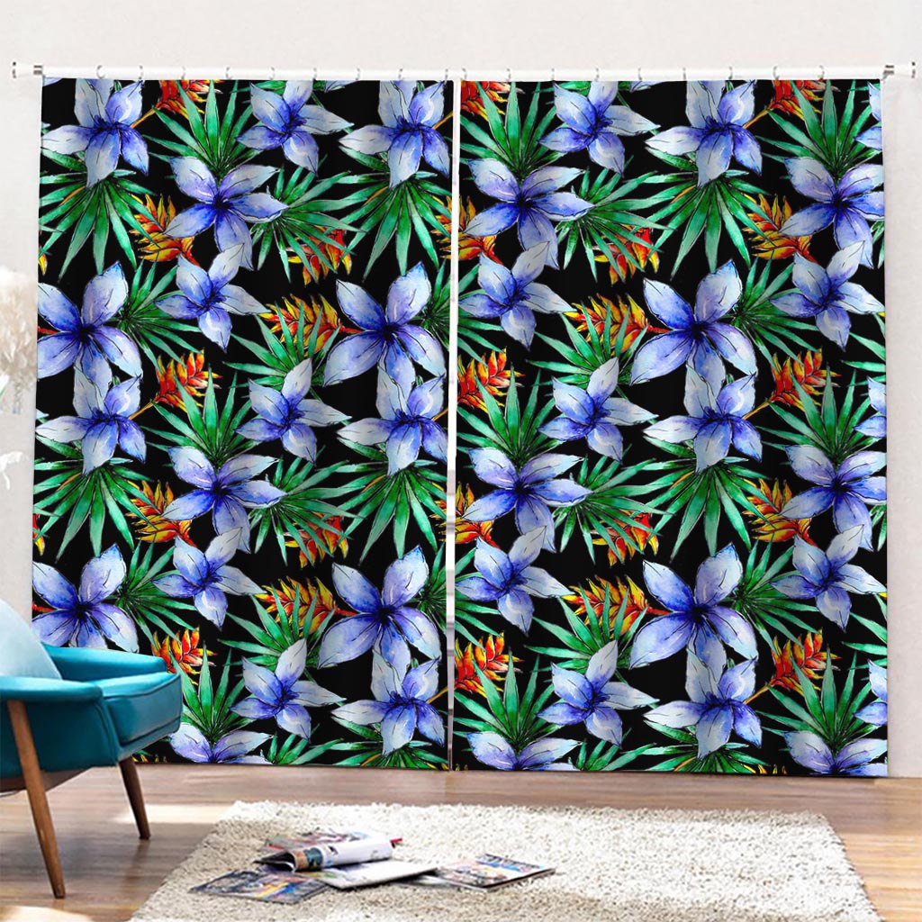 Blue Hawaiian Wildflowers Pattern Print Pencil Pleat Curtains