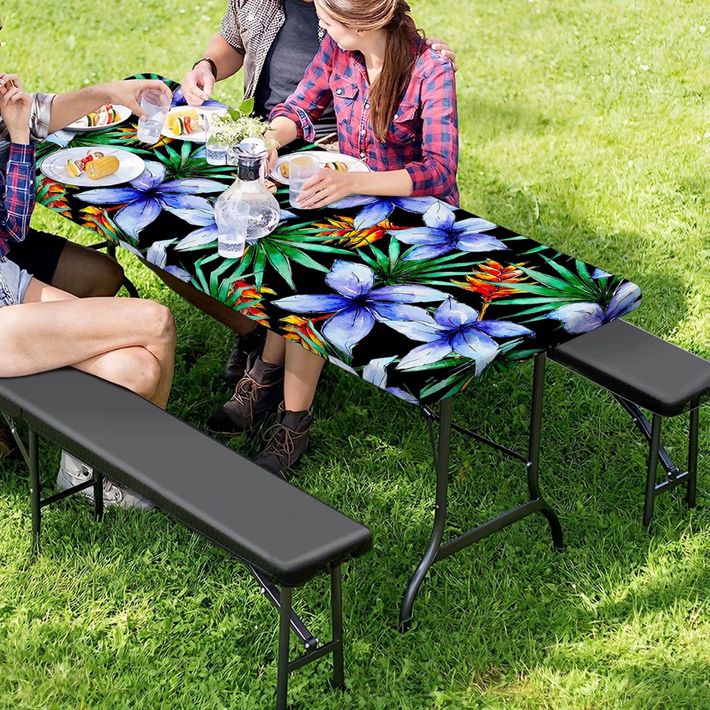 Blue Hawaiian Wildflowers Pattern Print Picnic Table Cover