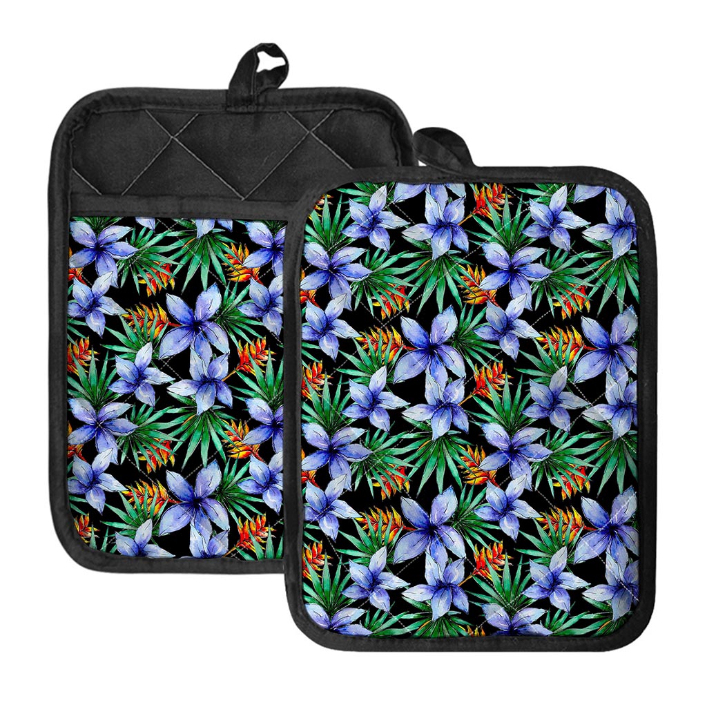 Blue Hawaiian Wildflowers Pattern Print Pot Holders With Pocket