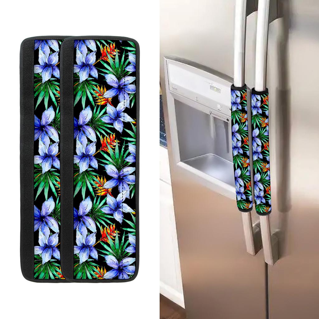 Blue Hawaiian Wildflowers Pattern Print Refrigerator Handle Covers
