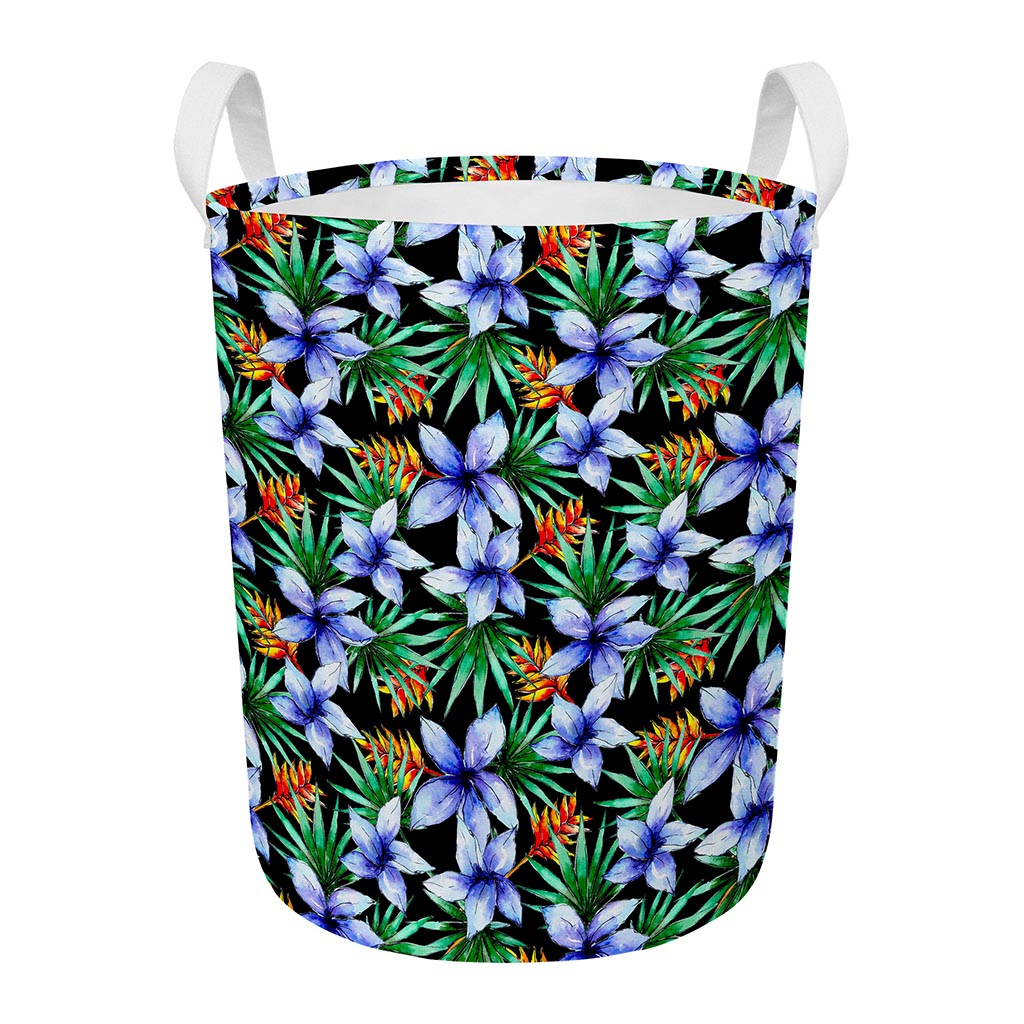 Blue Hawaiian Wildflowers Pattern Print Round Laundry Basket