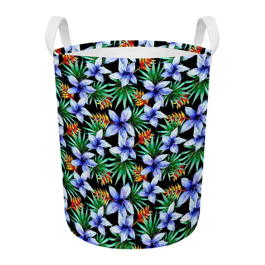 Blue Hawaiian Wildflowers Pattern Print Round Laundry Basket