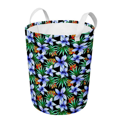 Blue Hawaiian Wildflowers Pattern Print Round Laundry Basket