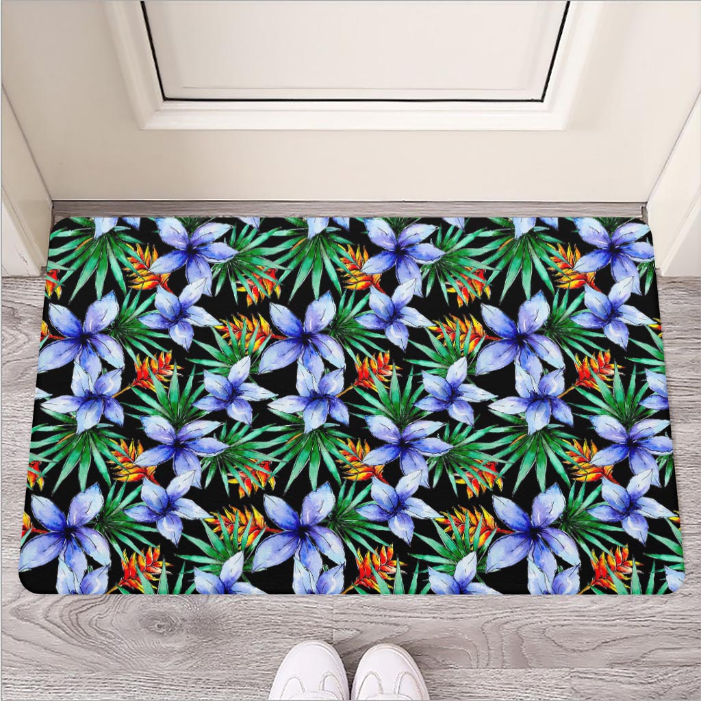Blue Hawaiian Wildflowers Pattern Print Rubber Doormat