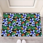 Blue Hawaiian Wildflowers Pattern Print Rubber Doormat