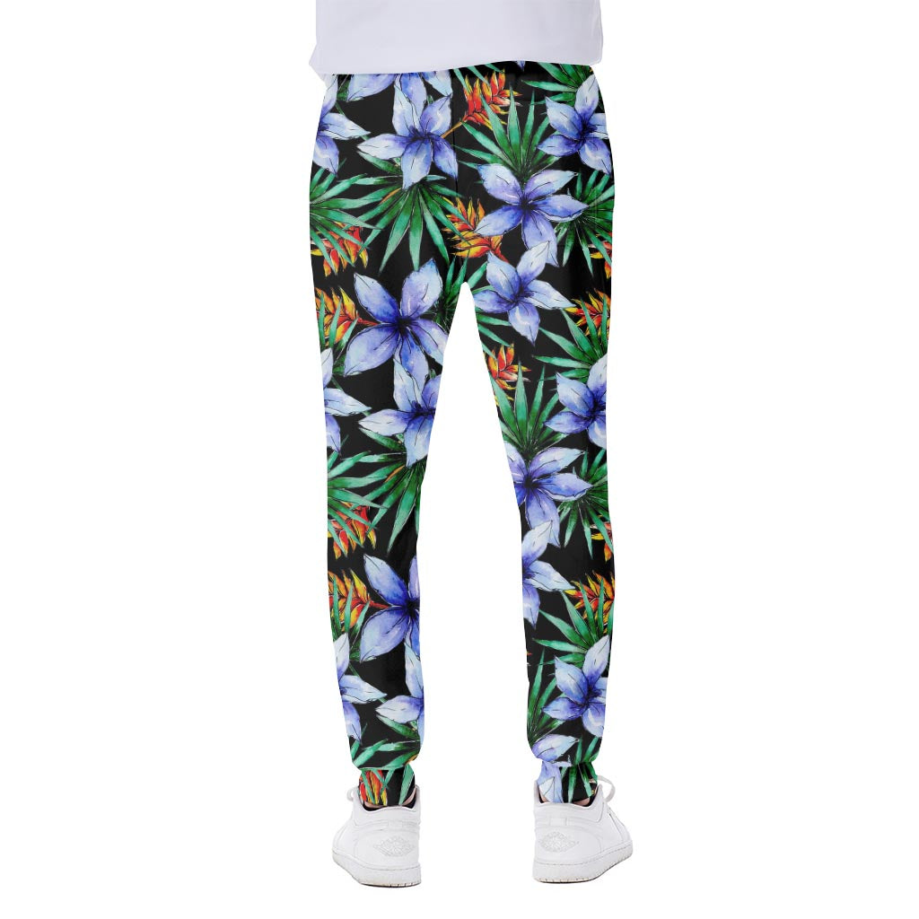 Blue Hawaiian Wildflowers Pattern Print Scuba Joggers