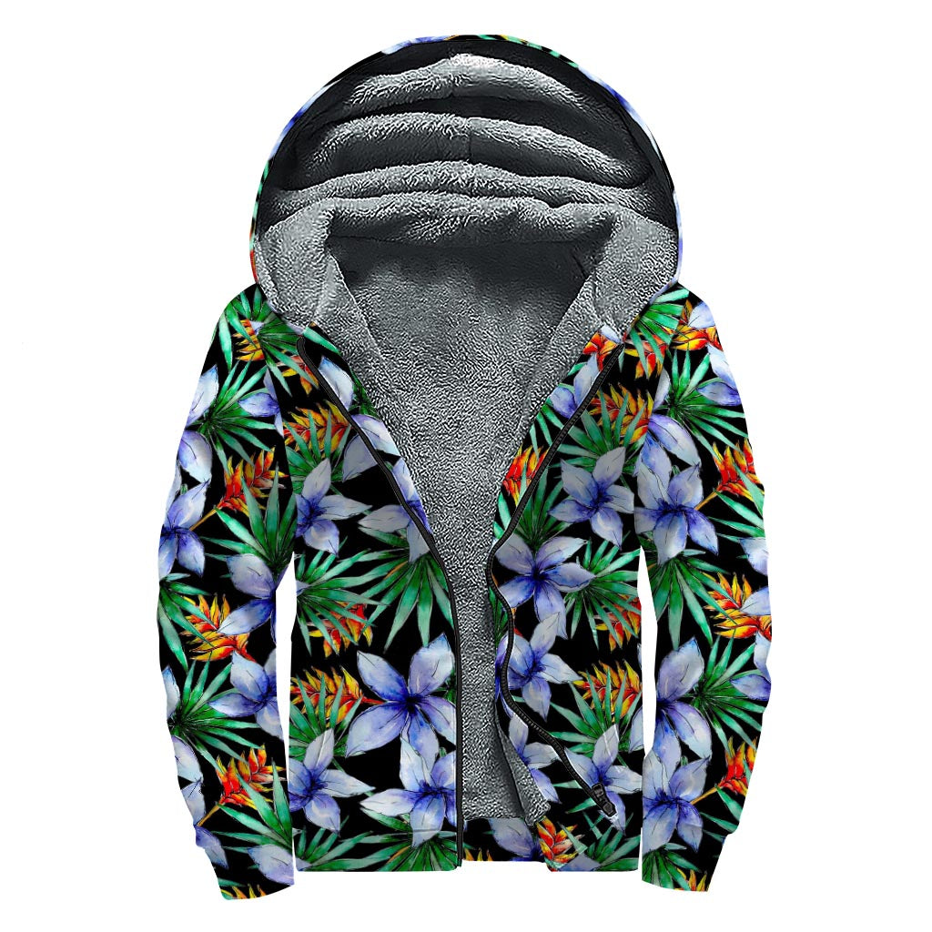 Blue Hawaiian Wildflowers Pattern Print Sherpa Lined Zip Up Hoodie