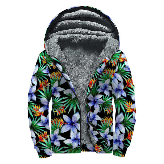 Blue Hawaiian Wildflowers Pattern Print Sherpa Lined Zip Up Hoodie