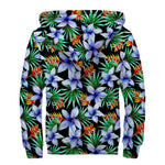 Blue Hawaiian Wildflowers Pattern Print Sherpa Lined Zip Up Hoodie